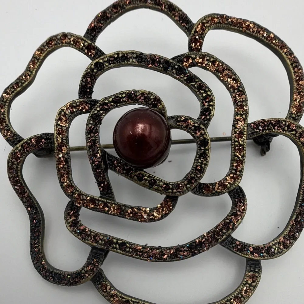 Brown & Gold Tone Flower Brooch Pin, Simulated Red Pearl Center, 2.50 in